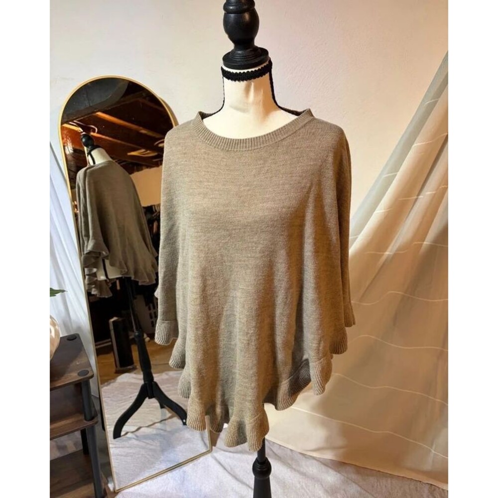 Karen Scott Tan Taupe Poncho Sweater Size PL PXL Petite Knit Cape Pullover